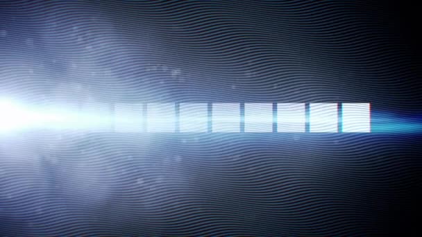 Абстрактний хвильовий потік синього фону з частинками та спалахом лінз — стокове відео