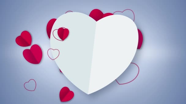 Animación de tarjetas en forma de corazón blanco con partículas rojas del corazón — Vídeo de stock