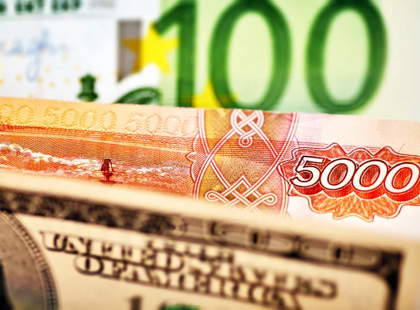 USD, EUR e Russian RUB baknotes. Foco seletivo — Fotografia de Stock