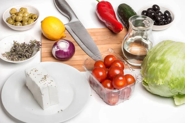 Queijo Feta Legumes Com Tempero Orégano Para Uma Salada Grega — Fotografia de Stock
