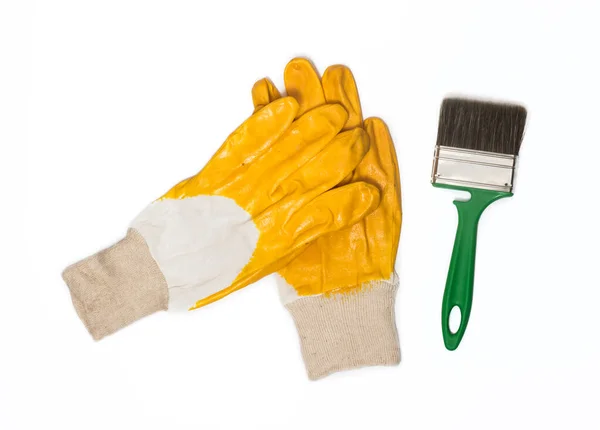 Rękawice Ochronne Kolorze Żółtym Zieloną Szczotką Białym Tle — Zdjęcie stockowe