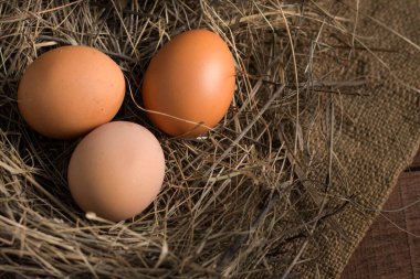 Samanlıkta üç yumurta, arka planda bir çuval bezi, ahşap bir yüzey, üst görünüm, boşluğun bir kopyası..