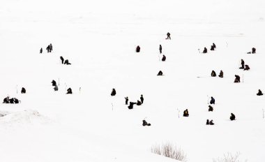 Novocheboksarsk, Rusya-27 Şubat 2021: Rybak Rybak festivali, donmuş nehirde balık avı.