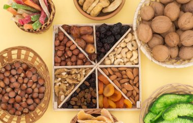 Tahta bir kutuda fındık ve kurutulmuş meyve ve sarı arka planda sepetler..