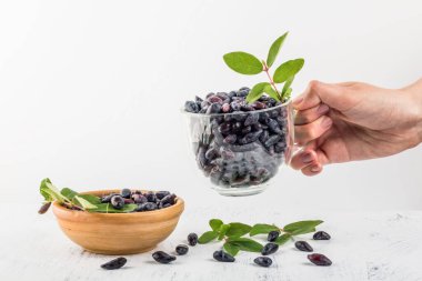 Bir kadının eli cam bir fincanda hanımeli meyvesini tutar. İçinde yeşil yapraklar ve uzayın bir kopyası vardır..