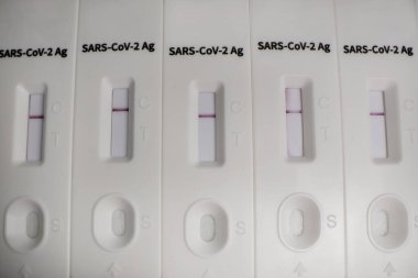 Makro birçok negatif SARS COV hızlı antijen testlerinin arka planını kapat. Coronavirus krizi, küresel salgın.