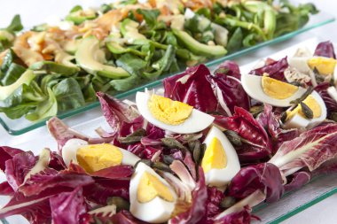 Salata, somon, organik sebze, yumurta
