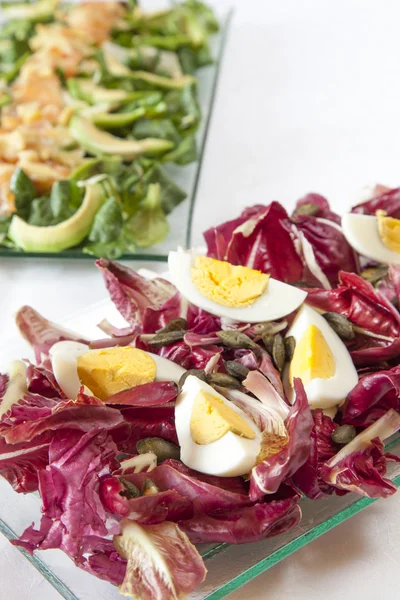Salads, salmon, organic vegetables, eggs — Stock Photo, Image