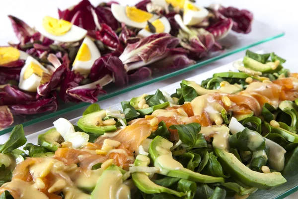 Salads, salmon, organic vegetables, eggs — Stock Photo, Image