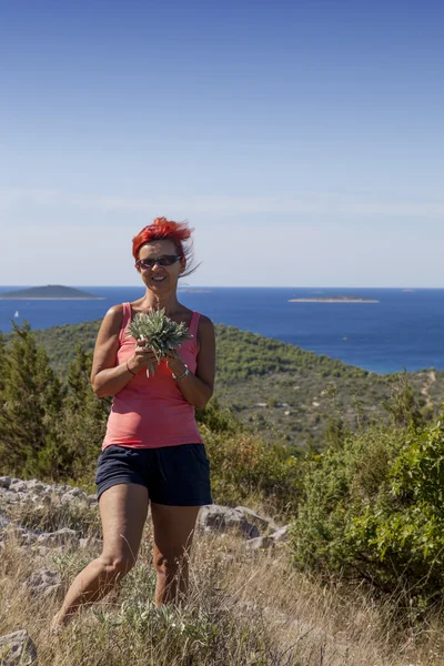 Ganska Mid-age kvinna plocka örter — Stockfoto