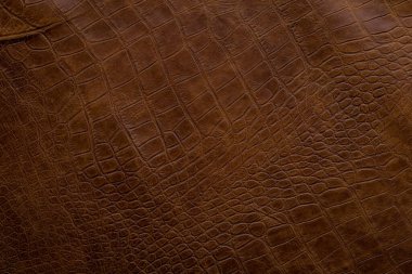 Timsah derisinin eşsiz desenini vurgulayan kahverengi derinin yakın görüntüsü. Bu materyal düz bir yüzeyde, yumuşak ışığın altında net detaylarla gösterilir..