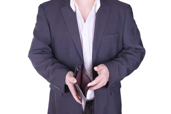 Businessman holding an empty wallet. — Stock Photo, Image