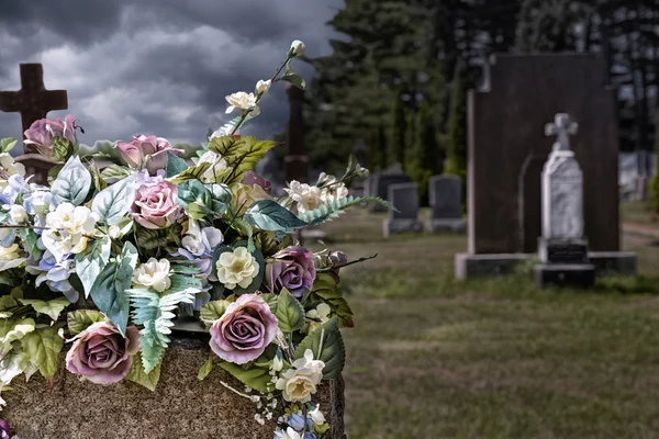 Цветы на надгробии на кладбище — стоковое фото