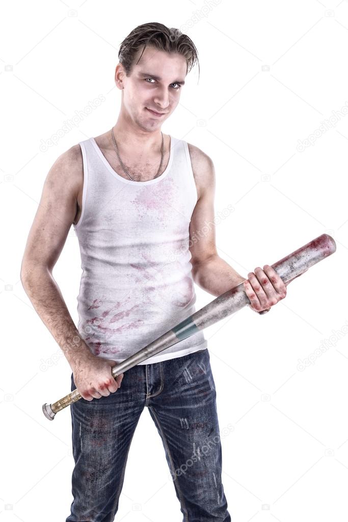 Guy holding a bloody bat