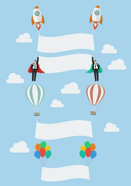 Set ballon raket en de vliegende zakenman — Stockvector
