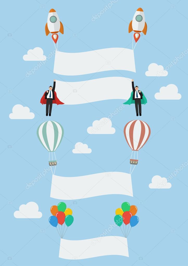 Set of balloon rocket and the flying businessman