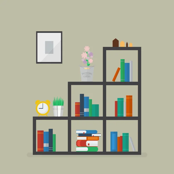 Estantería mínima con muchos libros y decoración de flores — Vector de stock