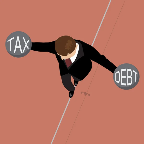 Geschäftsmann hält Schuldengewicht und Steuergewicht an einem Draht — Stockvektor