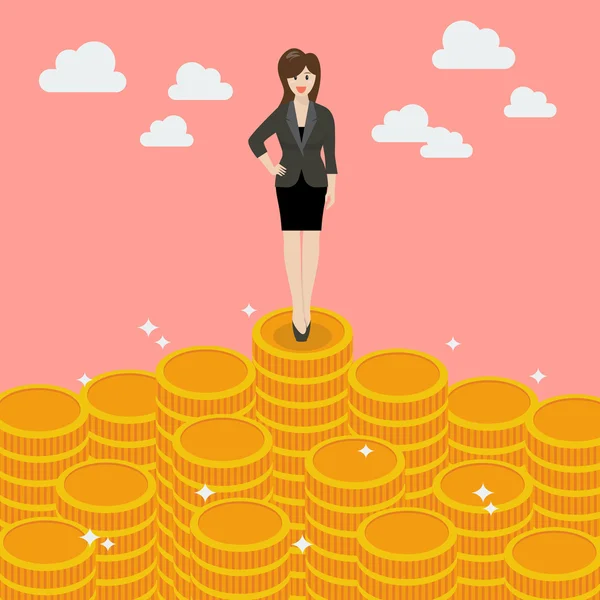 Mujer de negocios de pie sobre el dinero — Vector de stock