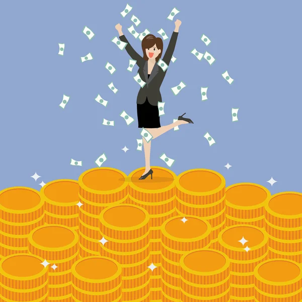 Business woman celebrating on Money — Stock Vector