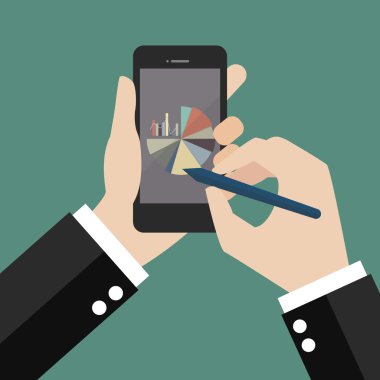 Pasta grafik ve çubuk grafik ile smartphone üzerinde yazma el