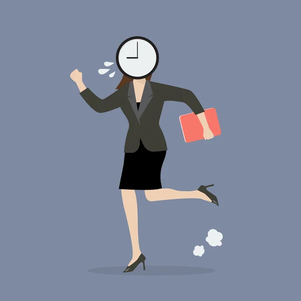 Relógio cabeça mulher de negócios correndo em terno — Vetor de Stock