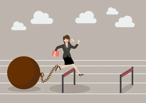 Business woman jumping over hurdle with the weight — Stock Vector