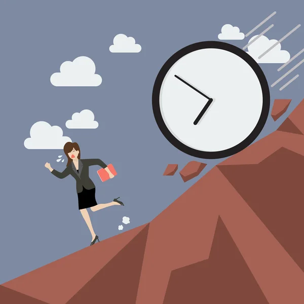 Business woman running away from clock attack — Stock Vector