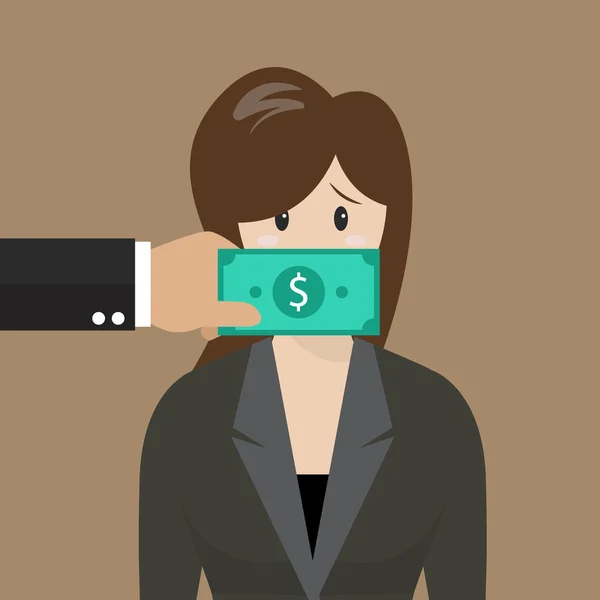 Business woman with dollar banknote taped to mouth — Stock Vector