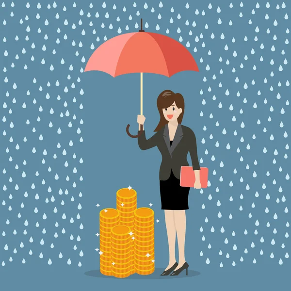 Biznes kobieta z parasol ochrony jej pieniądze od finansowych — Wektor stockowy
