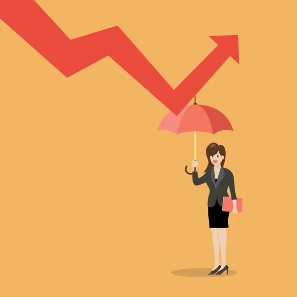 Business woman with umbrella protecting from graph down — Stock Vector