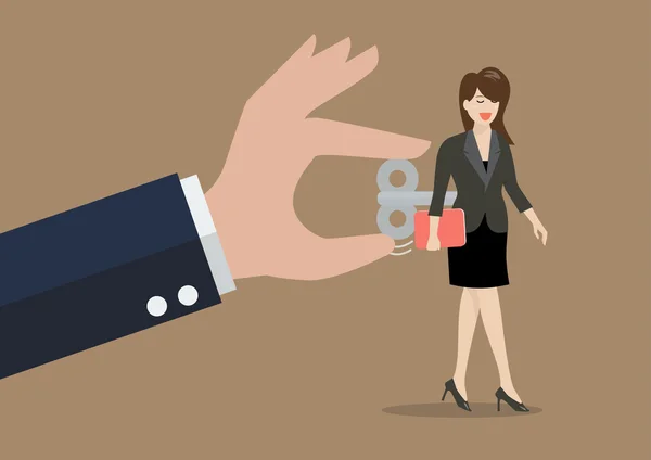 Hand dreht sich um Geschäftsfrau mit Aufzug-Schlüssel im Rücken — Stockvektor