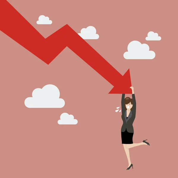 Mulher de negócios se esforçar para segurar em cair gráfico para baixo —  Vetores de Stock