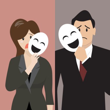 Bir gülümseme maske tutan sahte iş kadın