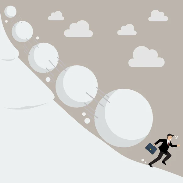Businessman running away from snowball effect — Stock Vector
