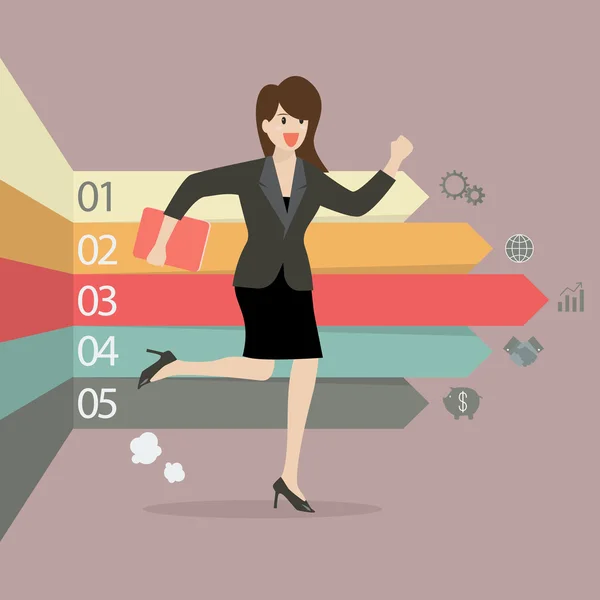 Mujer de negocios corriendo con flechas infografía — Vector de stock