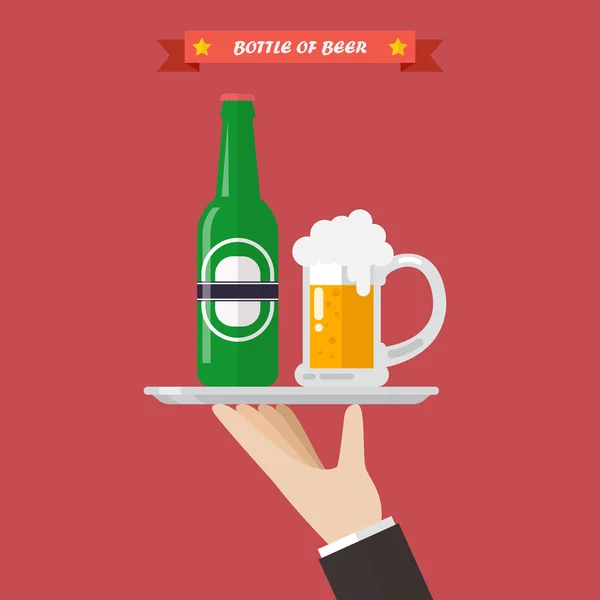 Bir şişe ve bardak bira hizmet garson — Stok Vektör