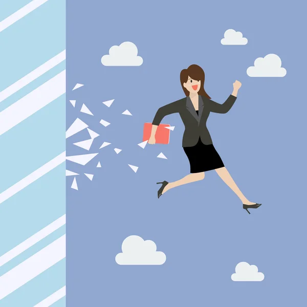 Mujer de negocios salto y ventana de cristal roto — Vector de stock