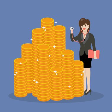 İş kadını elinde stetoskop finansal check-up için