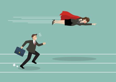 Business woman superhero fly pass his competitor clipart
