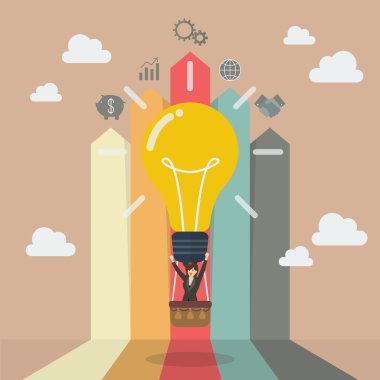 İş kadını ampul balon ile ok çubuk grafik üzerinde