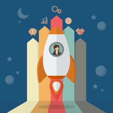 İş kadını bir roket ile ok çubuk grafik üzerinde