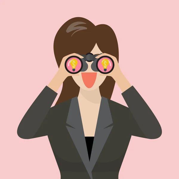 Mujer de negocios usa prismáticos buscando una idea de negocio — Vector de stock