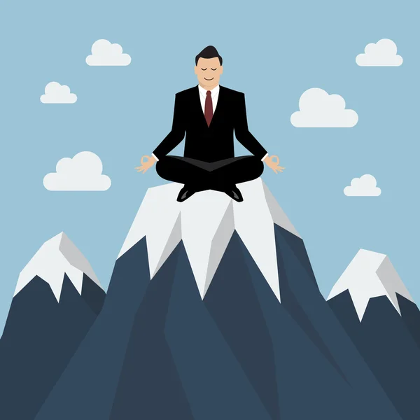 Hombre de negocios meditando en un pico de montaña — Archivo Imágenes Vectoriales