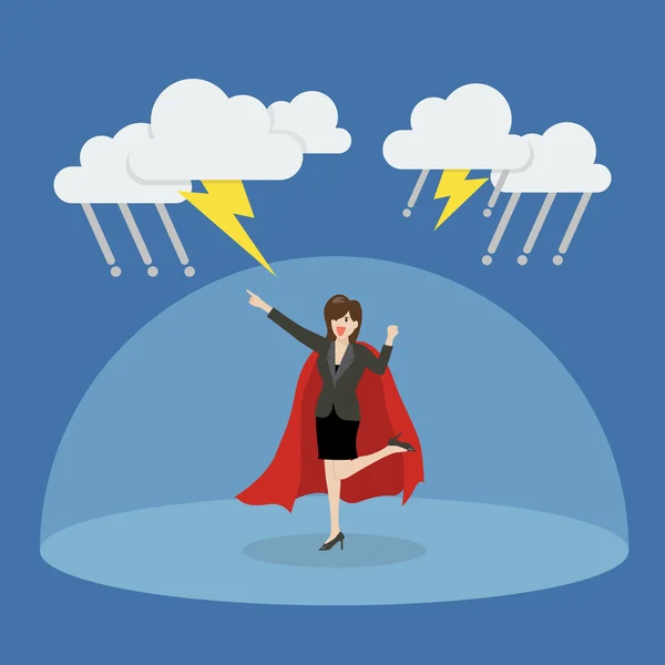 Business kvinna superhjälte med barriär skyddar från thundersto — Stock vektor