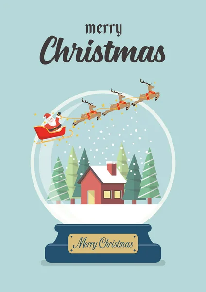Vánoční Skleněný Míč Saněmi Santa Zimní Dům Přáníčko Vektorová Ilustrace — Stockový vektor