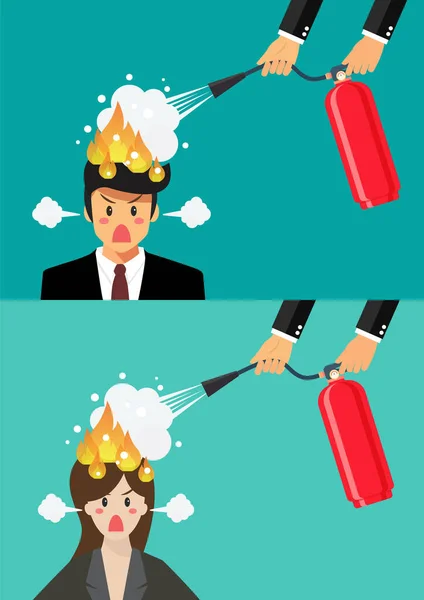 火の上に頭を持つ怒っているビジネスマンや女性は消火器を持つ男から助けを得る ベクターイラスト — ストックベクタ