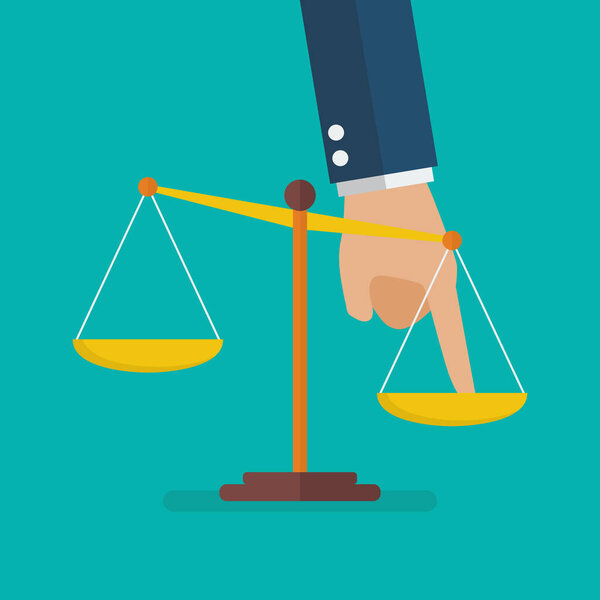 Hand pushing scale out of balance. Unequal Concept. Vector illustration