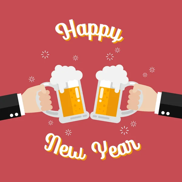 Šťastný Nový Rok Plakát Přípitek Sklenice Piva Vektorová Ilustrace — Stockový vektor