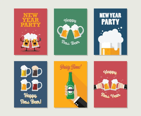 Feliz Nova Coleção Cartões Presente Cerveja Feliz Ano Novo Conjunto —  Vetores de Stock